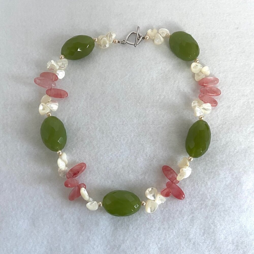 Sterling Silver 925 Beaded Oval Faceted Chrysoprase MOP & Pearl Necklace 17.5" - Picture 4 of 16